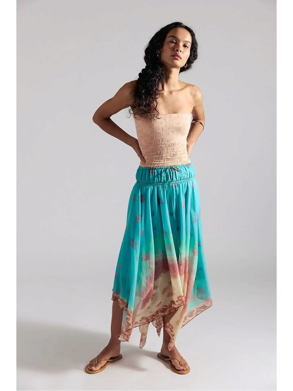Free People Bohemian 70s FP One Kaia Asymmetrical Midi Skirt Ocean Surf XL NWT - Picture 2 of 9